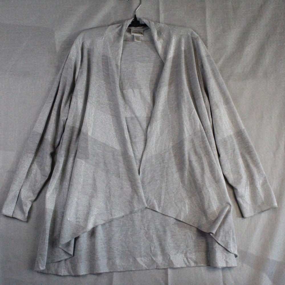 Chicos Silver Metallic Striped Open Front Draped Cardigan Size 2 L Quiet Luxury